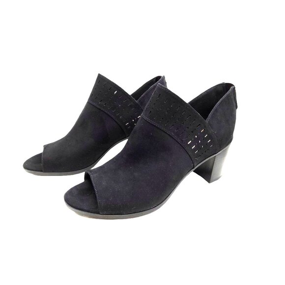 Xappeal women's black faux suede peep toe shoes with lazer cut outs and ankle zi - Picture 2 of 5